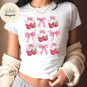Coquette bow Disney Cherry Valentine Baby tee, Mickey Minnie Disney couple WDW Disneyland sweethearts nite Croptop Baby Tee womens T-shirt