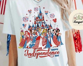 Happy Independence Day Disney Princess Shirt, WDW Disneyland Castle Family USA Happy 4th of July Tee, America US Flag Disney Girl Trip Shirt