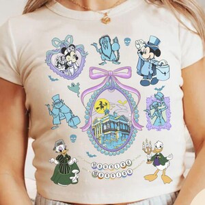 Disneyland The Haunted Mansion Baby Tee Croptop T-shirt, Mickey Hatbox Ghost Hitchhiking ghost baby tee, Girls trip T-shirt