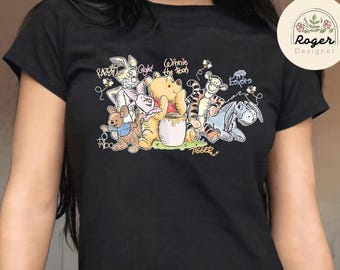 Disney Winnie The Pooh Signature Baby Tee, Hundred Acre Wood Pooh Bear Piglet Tigger Eeyore Roo Rabbit Sketch Disney Girl Trip Croptop Women