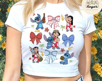Coquette Bow Ohana means family Disney Lilo and Stitch Baby Tee, Lilo Stitch Hawaii Aloha Trip Disney Girl Trip Croptop, Stitch Gift for Her