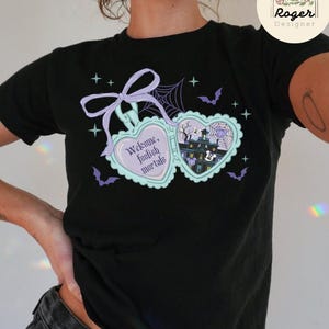 Coquette Bow Welcome Foolish Mortals Disney Haunted Mansion Baby Tee Crop Top, Castle Epcot Disney Halloween Shirt, Disney Girl Trip Shirt