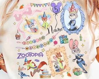 Personalized Name Age Zootopia 2 Birthday Shirt, Disney Judy Hopps Nick Wilde Gary De'Snake Birthday Present Gift, WDW Disneyland Family Tee
