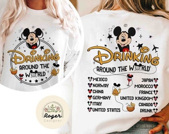 Two-sided Mickey and Friends Disney Epcot Drinking Around the World Shirt, WDW Disneyland Drinking Team, Disney Epcot Food and Wine Festival