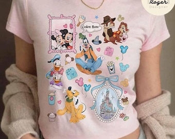 Personalized Coquette Bow Mickey and Friends Disney Trip Baby Tee, Disney Girl Trip Croptop Women Tee, WDW Disneyland Castle Girly Aesthetic