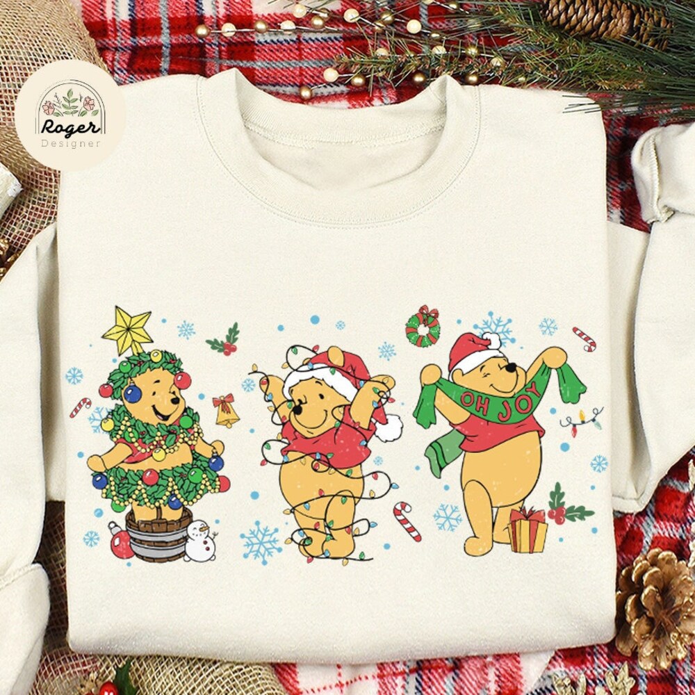 Christmas Matching Vintage Winnie The Pooh Christmas Sweatshirt, Santa Pooh Bear Christmas Lights T-Shirt, Pooh Christmas Sweatshirt, Xmas Holiday Gifts Matching Xmas Tees