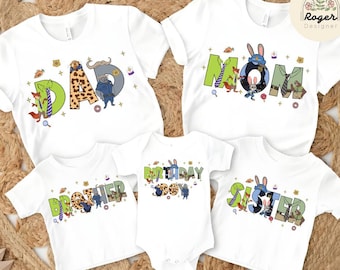 Personalized Disney Zootopia Shirt, Zootopia 2 Movie Judy Hopps Nick Wilde Animal Birthday Boy/Girl, Zootopia Family Dad Mom Kids Matching