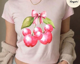 Watercolor Mickey Minnie Cherry Coquette Bows Disney Girl Trip Baby Tee, Birthday Girl Croptop Women T-shirt, Cherry Mouse Baby Girl Shirt