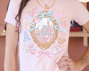 Coquette Bow Floral Disney Castle Baby Tee, Disney Girl Trip Croptop Women T-shirt, Mickey Minnie Snack Drink Fantasia Birthday Girl Shirt