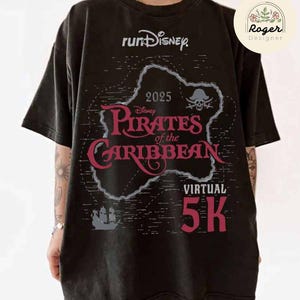 May include: Black t-shirt with a vintage-style graphic of a treasure map featuring the text "runDisney 2025 Disney Pirates of the Caribbean Virtual 5K".