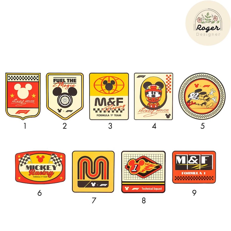 May include: A collection of nine colorful Mickey Mouse-themed racing stickers. Designs include Mickey Mouse, racing flags, and the text "Mickey Racing" and "Formula 1". The stickers are in various shapes and sizes.