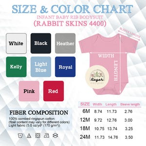 May include: Size and color chart for an infant baby rib bodysuit. The chart includes color swatches in white, black, heather, kelly, light blue, royal, pink, and red. Measurements are provided for sizes 6M, 12M, 18M, and 24M, including width, length, and sleeve length in inches.