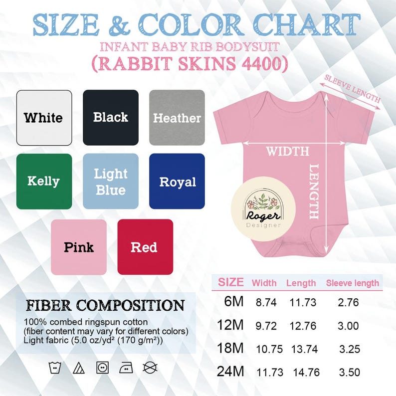 May include: Size and color chart for an infant baby rib bodysuit. The chart includes color swatches in white, black, heather, kelly, light blue, royal, pink, and red. Measurements are provided for sizes 6M, 12M, 18M, and 24M, including width, length, and sleeve length in inches.