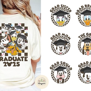 May include: A white t-shirt with a checkered pattern and a group of Disney characters wearing graduation caps. The text "GRADUATE 2025" is printed on the shirt.