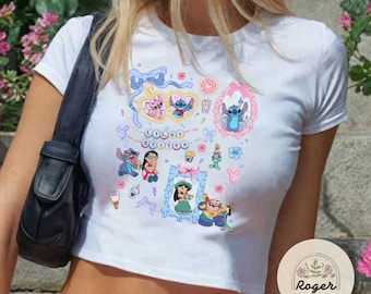 Lilo and Stitch Coquette bow Baby Tee Croptop shirt, Summer beach vacation baby tee, Girly aesthetic Girls trip tee, Stitch Angel shirt
