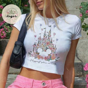 Floral Disney castle baby tee, Happiest Place on Earth shirt Baby tee, Disneyland Flower Girls trip Croptop Baby Tee womens T-shirt