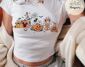 Halloween Mickey & friends skeleton pumpkin Baby tee, WDW Disneyland Spooky season Halloween Croptop Baby Tee womens T-shirt