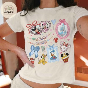 Coquette bow Mickey & friends Baby tee, Custom Name Disney castle Croptop Baby Tee womens T-shirt, Girly aesthetics Disney trip shirt