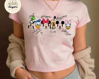 Mickey and Friends Signatures Baby Tee Crop top, Disneyworld Disneyland shirt, Mickey and Co Magic Kingdom Baby Tee, Disney Trip T-shirt