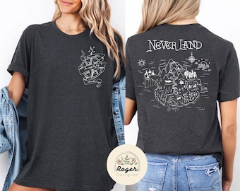 Two-sided Vintage Neverland Map T-shirt, Retro Never Grow Up Disney Peter Pan Shirt, Tinker Bell Wendy John Michael Flight to Neverland