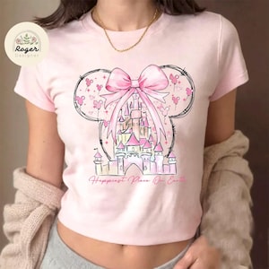 Coquette pink bow Watercolor Disney Castle Baby tee, Happiest Place On Earth WDW Disneyland Magic Kingdom trip shirt Croptop Baby Tee