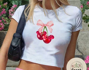 Coquette bow Mickey Cherry baby tee, Disney Pink bow shirt Baby tee, WDW Disneyland Girls trip Croptop Baby Tee womens T-shirt, Girly Tee