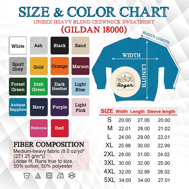 May include: A size and color chart for a unisex heavy blend crewneck sweatshirt. The chart includes a color palette with options like white, black, and red. It also shows size measurements for width, length, and sleeve length in inches.