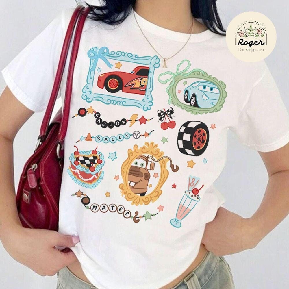 Coquette Bow Bracelets Disney Cars Baby Tee,  Lightning McQueen Tow Mater Doc Hudson Sally Disney Girl Trip Croptop Women, Cars Land Family