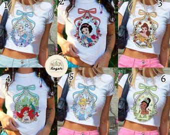 Retro Coquette Bows Disney Princess Baby Tee, Disney Girl Trip Croptop Women T-shirt, Princess Birthday Girl Shirt, Cinderella Rapunzel