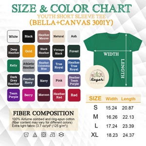 May include: A size and color chart for a youth short sleeve tee shirt. The chart includes color swatches, measurements in inches, and fiber composition details. The shirt is green, and the brand is Roger Designer.