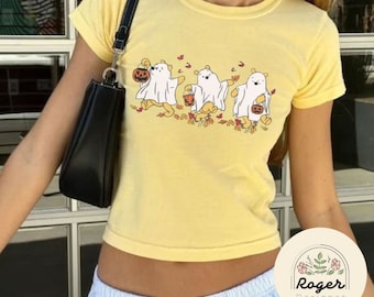 Winnie the Pooh ghost Disney Halloween Baby Tee, Fall vibes Mickey's Not So Scary Halloween Party Croptop Baby Tee Womens T-shirt