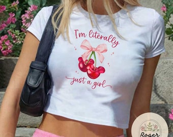 I'm literally just a girl Mickey cherry baby Tee Tank top, Coquette bow Cherry Disney shirt, WDW Disneyland summer tank top, Girls trip Tee