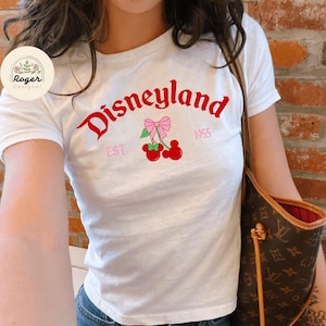 Coquette bow Disneyworld Disneyland Baby tee, Mickey Minnie Coquette Cherry Croptop Baby Tee womens T-shirt, Disney Matching Trip Croptop
