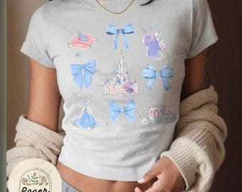 Coquette bows Cinderella Princess Baby tee, WDW Disneyland Magic Kingdom Croptop Baby Tee womens T-shirt, Gift for her, Cinderella castle
