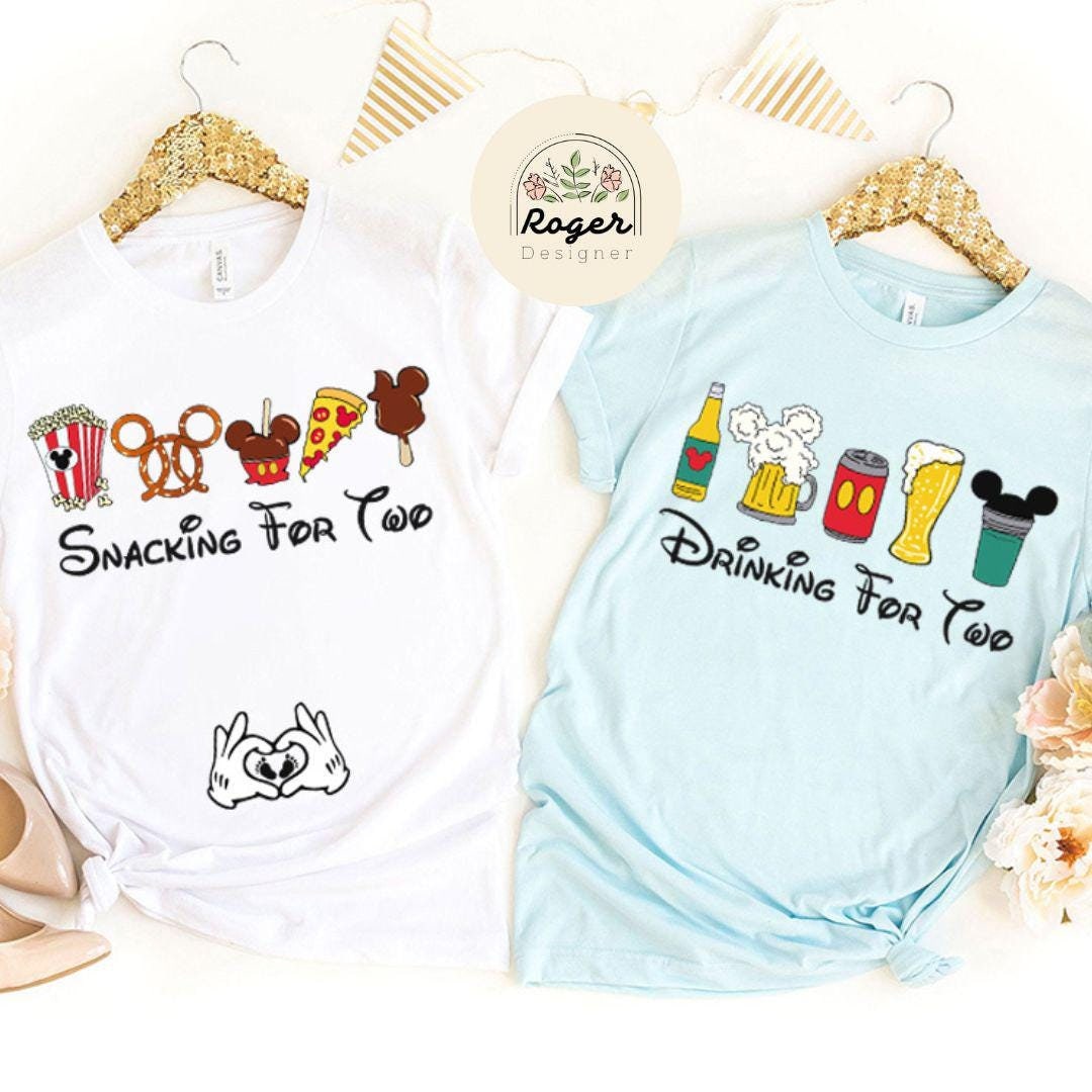 Mickey Minnie Snacking For Two Disney Pregnancy Shirt, Drinking for Two Pregnancy Announcement Shirt, New Dad Mom Maternity Couple Matching