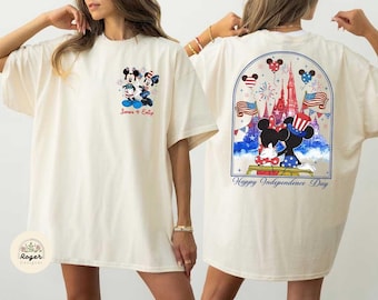 Two-sided Personalized Mickey Minnie Happy Independence Day T-shirt, Disney 4th of July shirts, Patriotic Disney Family Matching Couples Tee