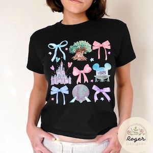 Coquette bows Disney World Magic Kingdom Epcot Animal Kingdom Hollywood Studios baby tee, Disney castle WDW  Croptop Baby Tee womens T-shirt