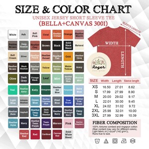 May include: A size and color chart for a unisex jersey short sleeve tee shirt. The chart includes a color palette with various hues and a size guide with measurements in inches. The shirt is made of 100% Airlume combed and ringspun cotton.