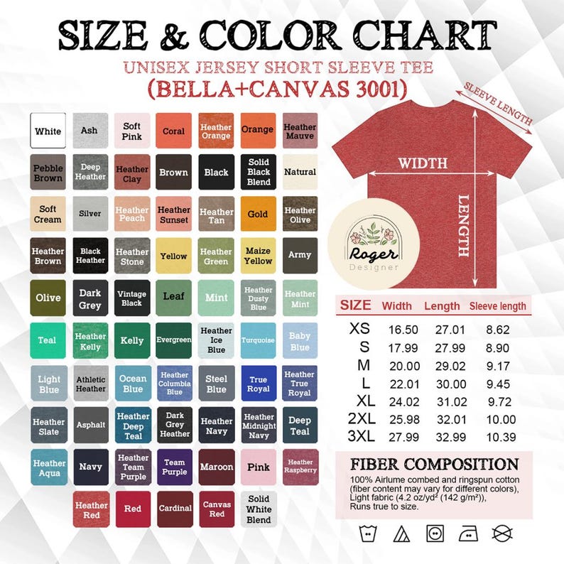 May include: A size and color chart for a unisex jersey short sleeve tee shirt. The chart includes a color palette with various hues and a size guide with measurements in inches. The shirt is made of 100% Airlume combed and ringspun cotton.