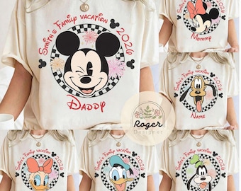 All characters Disney trip 2026 Family matching shirts, WDW Disneyland Family vacation group shirts, Mickey & friends checkered Tee