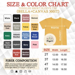 May include: A size and color chart for toddler short sleeve tees. The chart includes color swatches in various colors, including white, black, and navy. A yellow tee displays width and length measurements. The size chart lists measurements for sizes 2T to 5T.