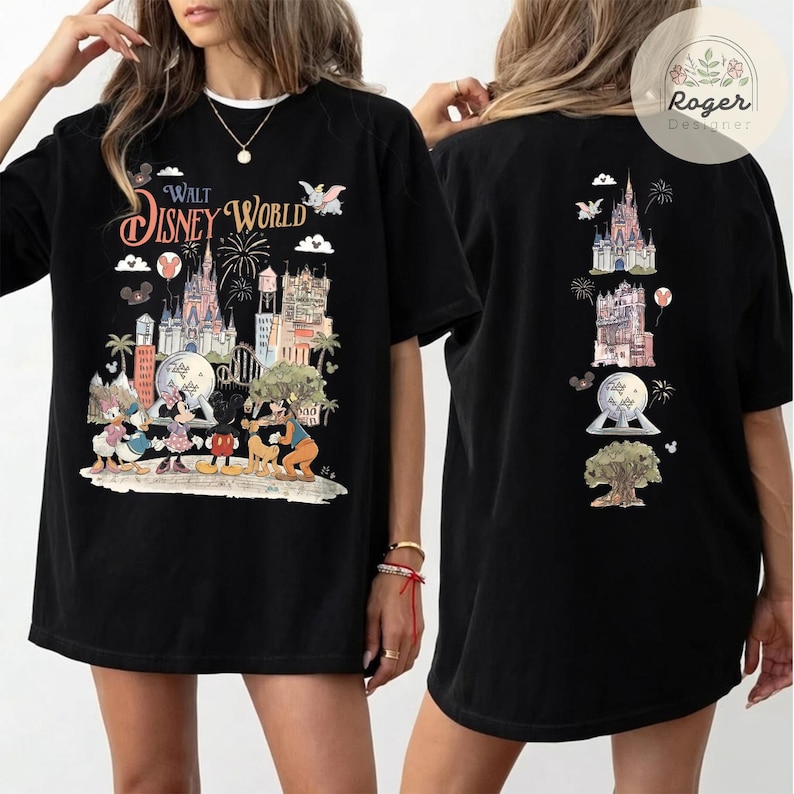 May include: A black t-shirt featuring a front graphic of Walt Disney World with characters including Mickey Mouse, Minnie Mouse, Donald Duck, and Goofy. The back graphic displays a vertical arrangement of park icons including the castle.