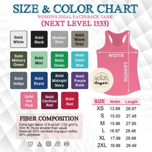 K&ouml;nnte beinhalten: Eine Gr&ouml;&szlig;en- und Farbtabelle f&uuml;r ein Racerback-Tanktop f&uuml;r Damen. Die Tabelle enth&auml;lt eine Farbpalette mit Optionen wie Uni-Wei&szlig;, Schwarz und Pink. Die Ma&szlig;e sind in cm f&uuml;r verschiedene Gr&ouml;&szlig;en von XS bis 2XL angegeben. Die Faserzusammensetzung ist ebenfalls aufgef&uuml;hrt.