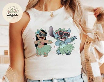Lilo and Stitch Dancing Hawaii Aloha Baby Tee Croptop shirt, Summer beach vacation baby tee, Girly aesthetic Girls trip tee, Stitch shirt