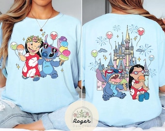 Two-sided Lilo & Stitch Disney Castle Shirt, Ohana means family Lilo Stitch family Trip Shirt, Stitch Family Vacation 2025 tee