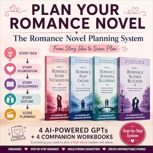 May include: A romance novel planning system featuring four companion workbooks titled Romance Story Foundations, Romance Plot Engine, Romance Bonding Blueprint, and Romance Scenes Builder. The graphic includes a five-step process and text detailing 4 AI-powered GPTs and 4 companion workbooks for planning love stories.