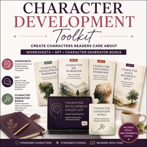 May include: A character development toolkit featuring four workbooks labelled Part A, B, C, and D, a laptop displaying a character development engine, a bonus card, and a dark purple notebook with a gold pen. Text includes Character Development Toolkit.