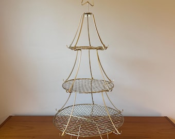 Vintage Christmas Tree 3-Tiered Gold Metal & Wire Serving Tray Collapsible