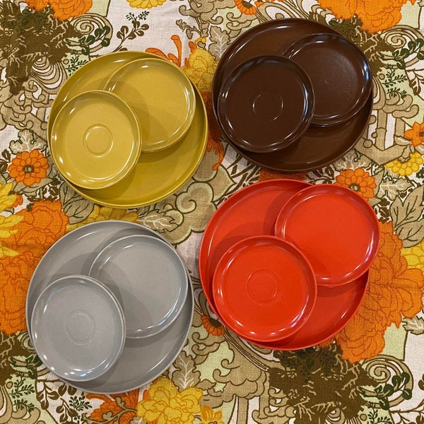 24-Piece Vintage MELMAC Spaulding Dinnerware Plates in Coral-Orange, Yellow, Gray and Brown - Various Sizes