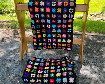 Pair of Matching Vintage Crochet Multicolor Granny Square Afghans 41x51 Inches